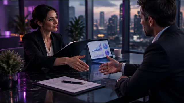 Two adult business people in a modern glass meeting room reviewing an acquisition folder and a laptop showing revenue charts