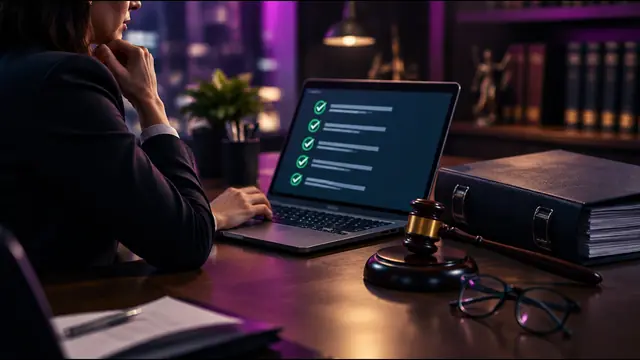 A compliance desk with a laptop showing a checklist with green check marks, a legal binder, a gavel and reading glasses