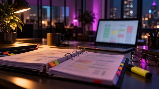 An open binder of tabbed policy pages, a highlighter and reading glasses beside a laptop showing a blurred color-coded status grid on a desk at night, under magenta and violet accent light