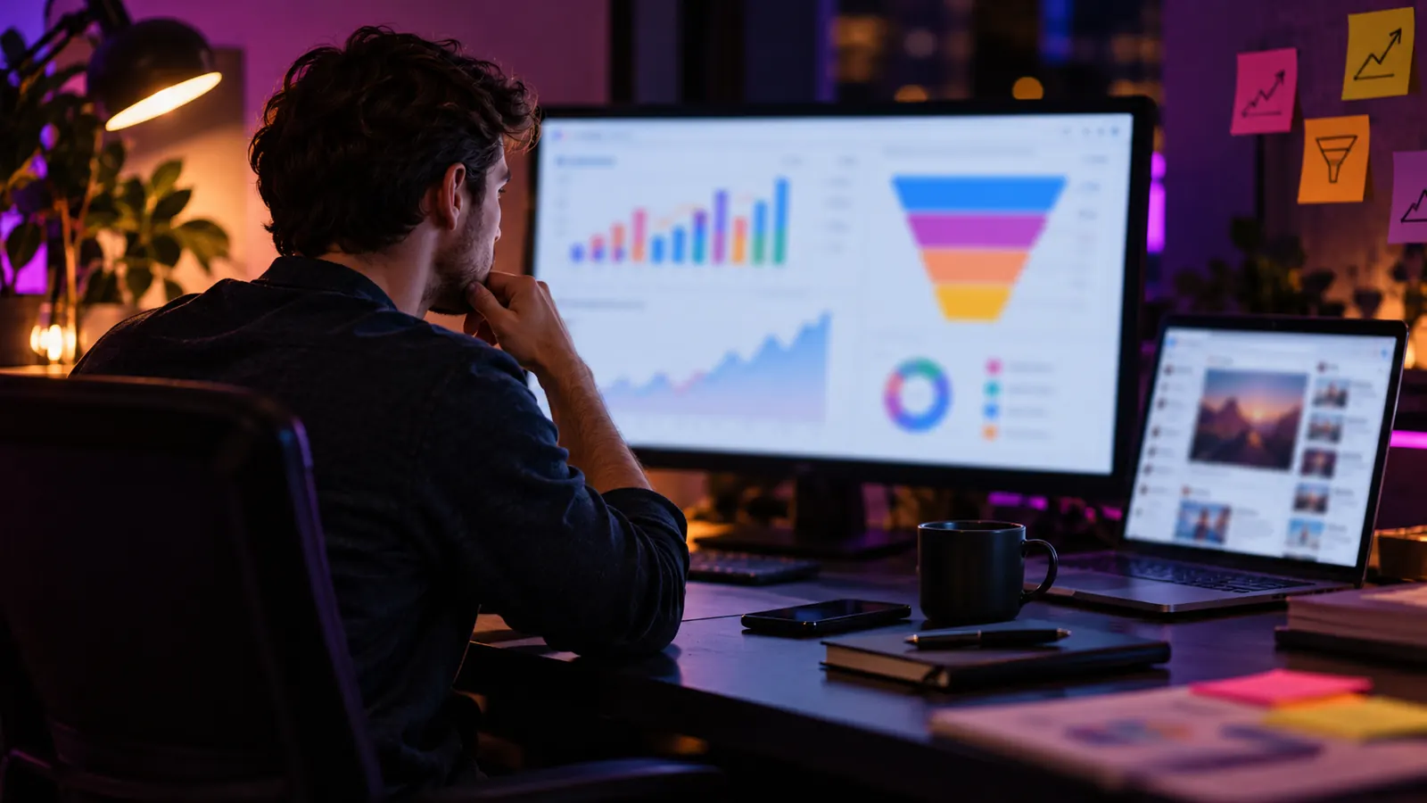 A growth marketer at a dark home-office desk at night studying a blurred traffic dashboard with bar charts and a funnel diagram, a laptop showing a blurred social feed, and sticky notes with arrow sketches on the wall
