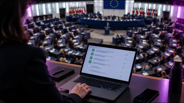 A European parliament chamber seen from above, with a laptop showing a compliance checklist in the foreground