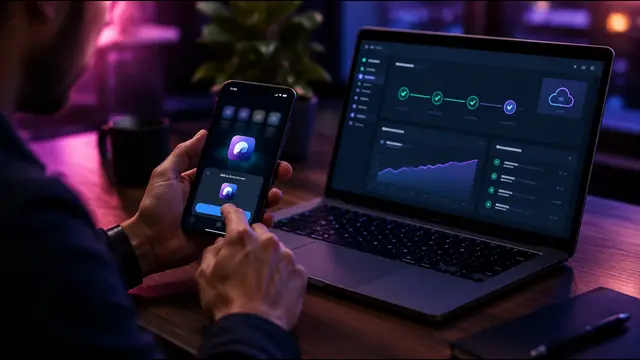A smartphone adding a web app to the home screen, next to a laptop with a deployment dashboard