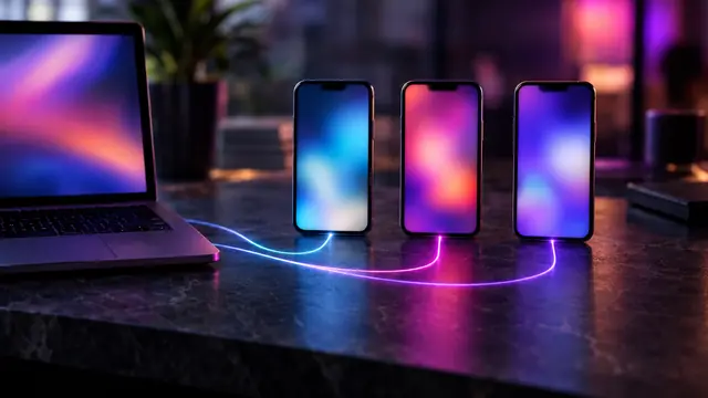 Three smartphones standing on a dark stone desk, linked to an open laptop by glowing magenta and violet light trails