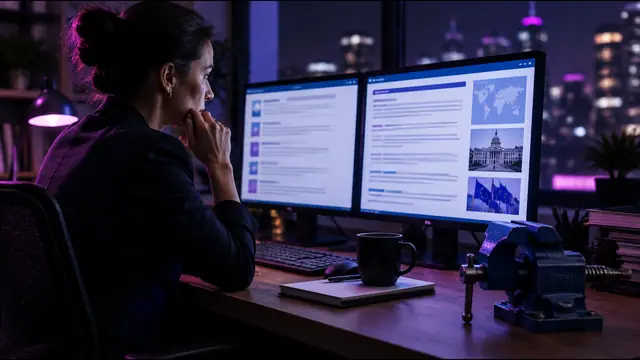 An operator reading policy updates on two monitors at night, with a vise clamp on the desk