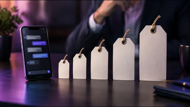Price tags of increasing size lined up next to a smartphone showing a chat app