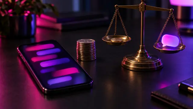 Smartphone with glowing chat bubbles beside a coin stack and a brass balance scale weighing a coin against a speech bubble