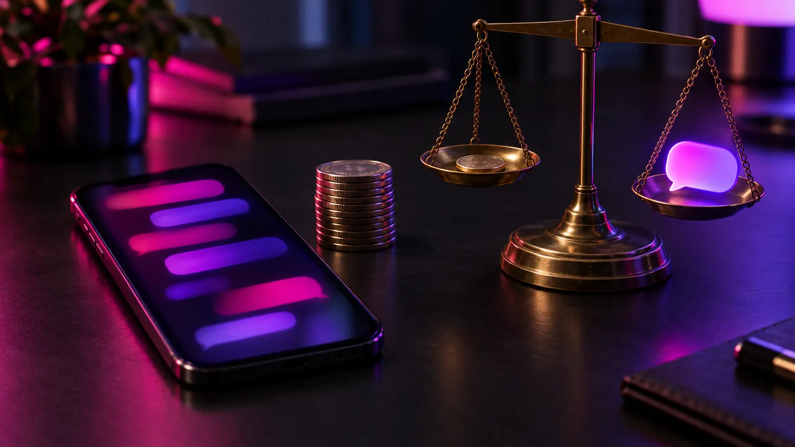 Smartphone with glowing chat bubbles beside a coin stack and a brass balance scale weighing a coin against a speech bubble