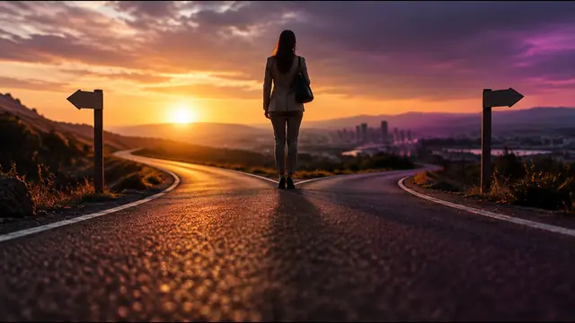 A road splitting into two paths at sunset, with a signpost on each side