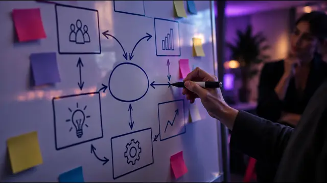 A whiteboard business model diagram with arrows, sticky notes and a hand drawing with a marker