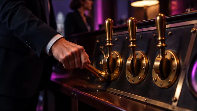 Four brass levers on a control panel, one pulled down