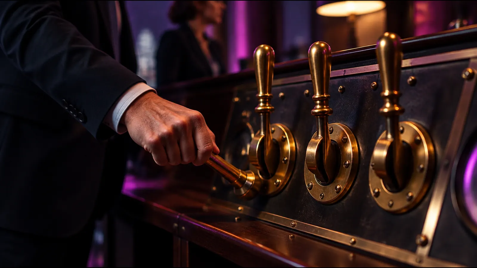 Four brass levers on a control panel, one pulled down