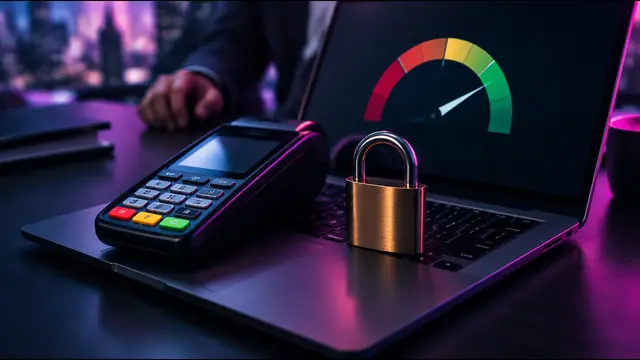 A payment terminal and a padlock on a laptop showing a risk gauge