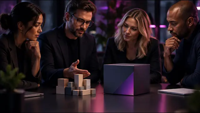 An agency team comparing loose building blocks with a finished boxed product