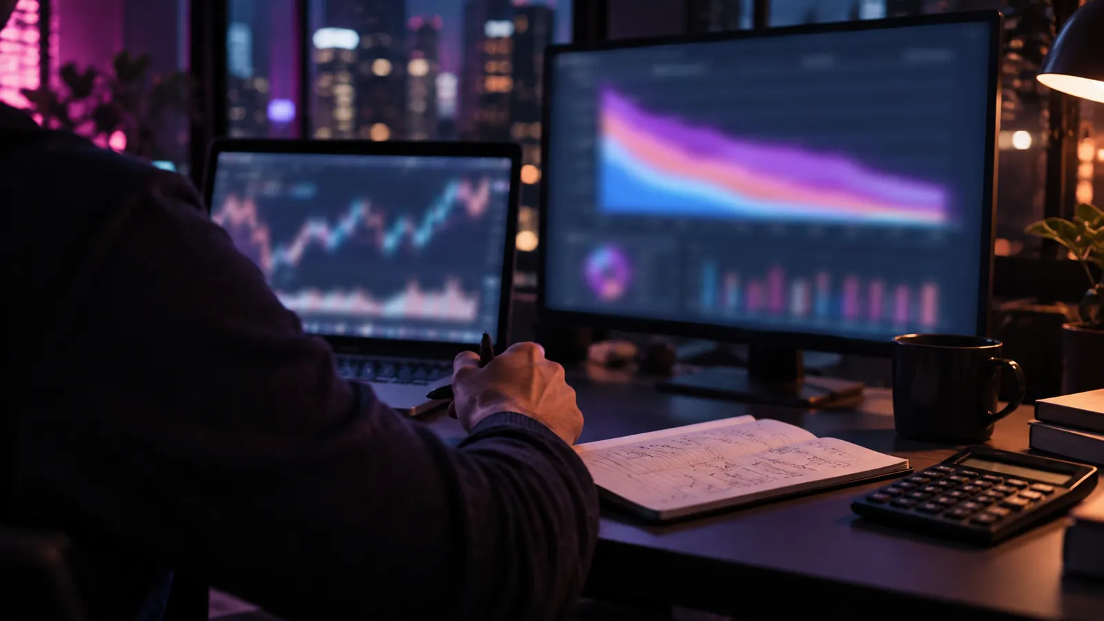 An operator at a desk at night reviewing blurred retention curves and revenue charts on a laptop and monitor, with a notebook and calculator under magenta and violet light