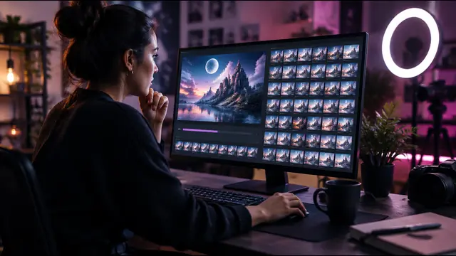A content studio computer running image generation with a queue of thumbnails, ring light behind