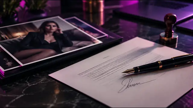 A signed licensing contract with a fountain pen, a model photo portfolio and a stamp