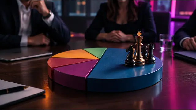 A pie chart of colored slices on a boardroom table with chess pieces on the biggest slice