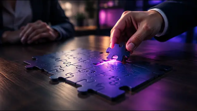 Small puzzle pieces merging into one large piece as a hand places the final piece