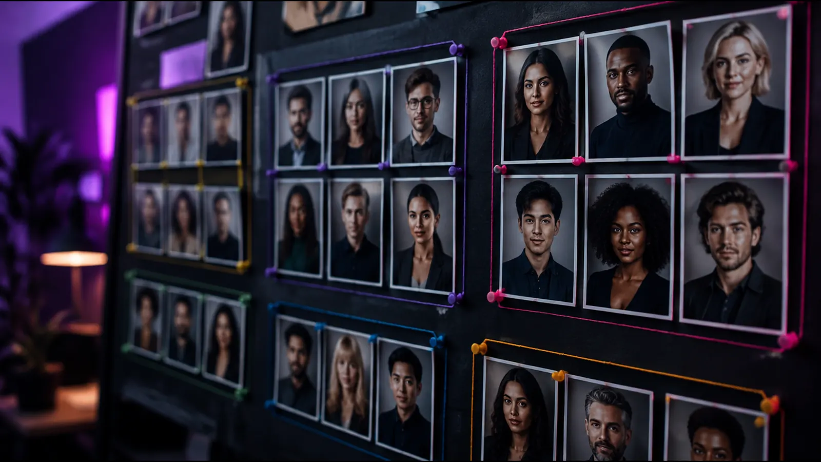 A wall board of model headshot cards grouped into niches with colored pins and string