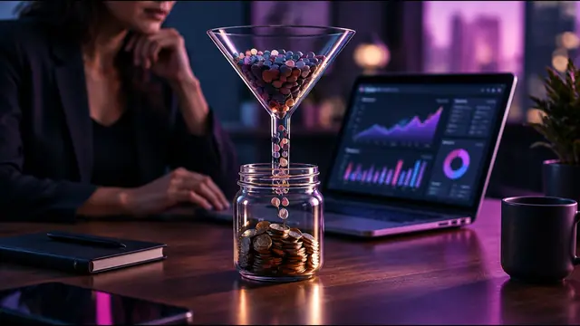A glass funnel channeling tokens into a jar of coins, with ad metrics on a laptop behind