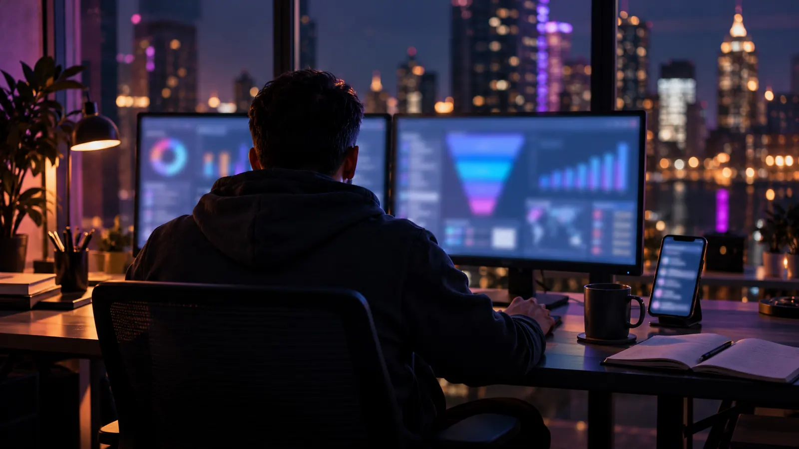 A media buyer's desk at night with two monitors showing blurred campaign dashboards and a traffic funnel graph under magenta and violet light