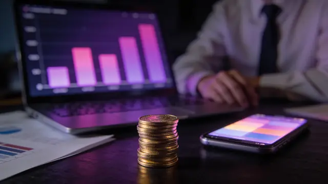 A stack of gold coins on a dark desk in front of a laptop showing rising violet revenue bars and a glowing smartphone