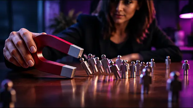 A magnet pulling small metal figurines back toward it
