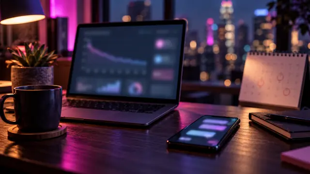An operator's desk at night with a laptop showing a blurred retention curve, a smartphone with glowing chat bubbles and a desk calendar with circled dates, under magenta and violet light