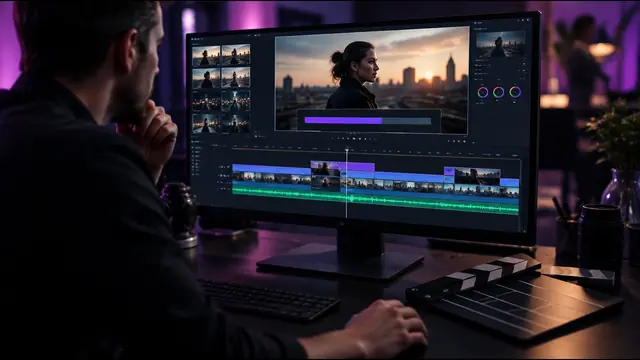 A video production monitor showing a generated video timeline, with a clapperboard on the desk