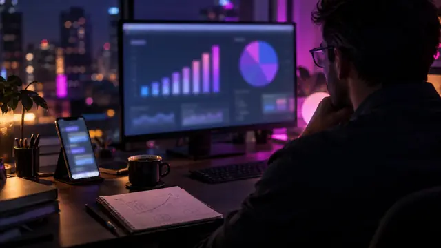 An analyst at a desk at night studying a monitor with an unlabeled rising bar chart and pie chart, a phone showing a blurred chat app beside a coffee cup, under magenta and violet light