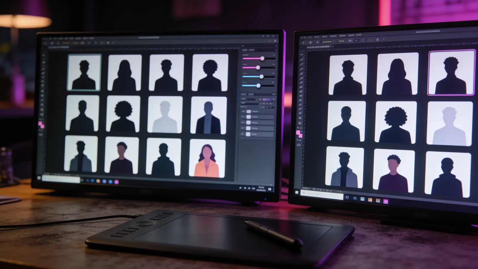 Two monitors on a dark desk showing grids of faceless character silhouette cards and slider controls, with a drawing tablet and stylus in front