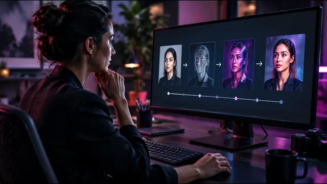 A monitor showing a character photo moving through production stages, with a creator at the desk