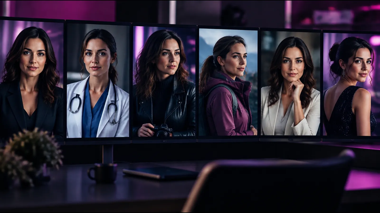 One model portrait repeated as several differently styled personas on a monitor wall