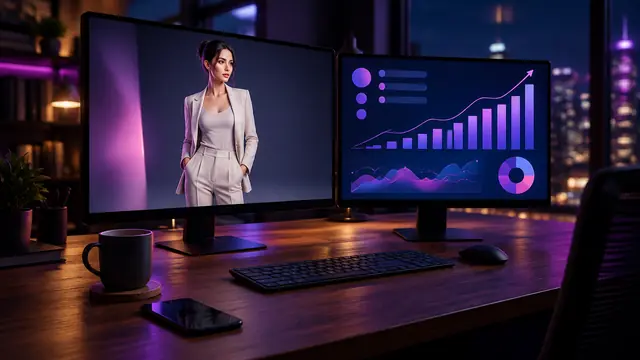 A desk with two monitors showing a stylized digital persona and a revenue dashboard in a dim office lit with magenta and violet light