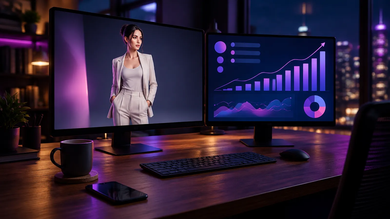 A desk with two monitors showing a stylized digital persona and a revenue dashboard in a dim office lit with magenta and violet light