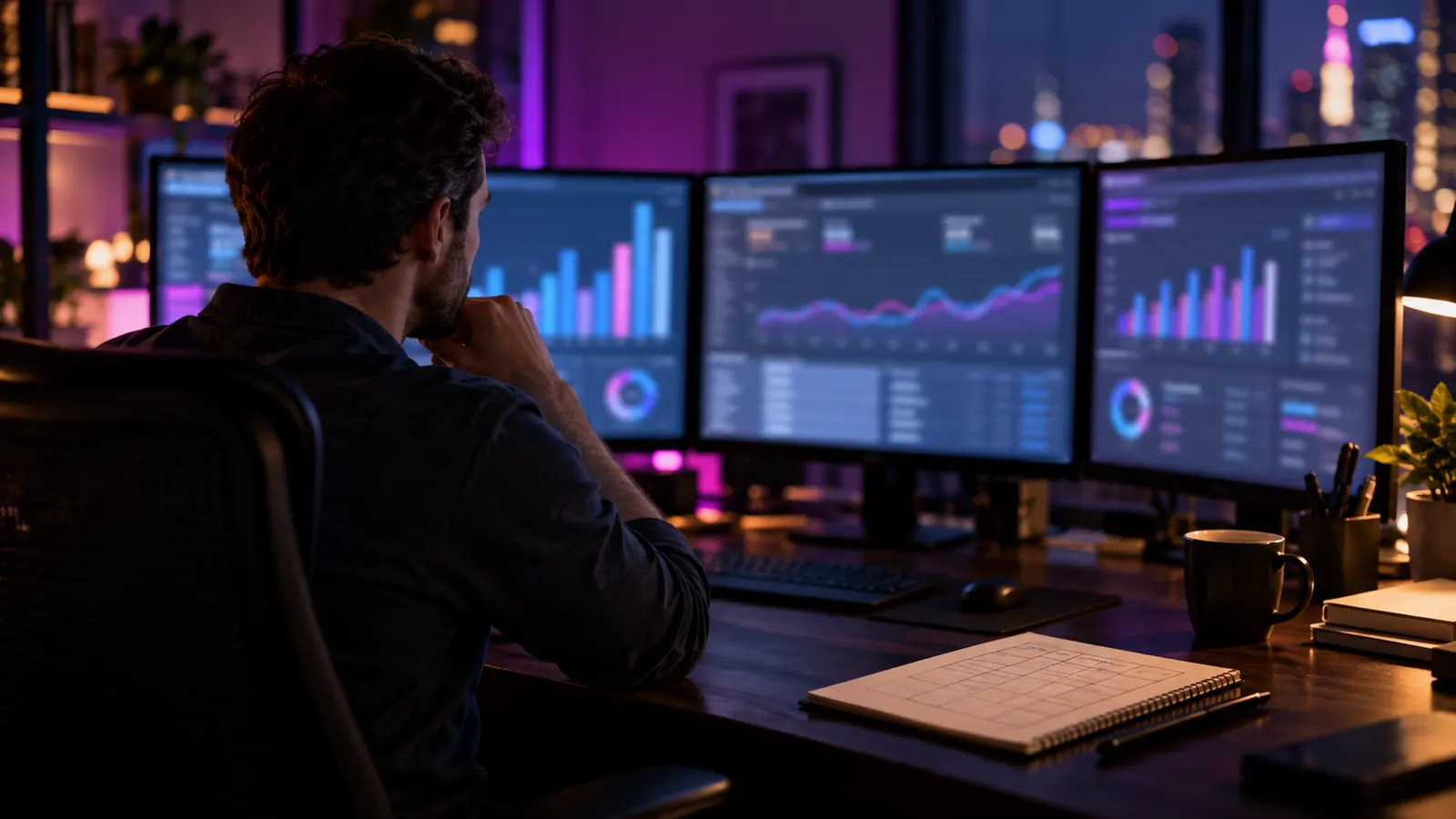 A media buyer at a night desk studying three monitors of blurred ad campaign dashboards and bar charts, with a blank comparison grid sketched in a notebook