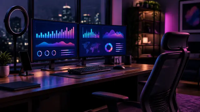 A modern creator studio desk at night with two monitors showing abstract dashboards and an empty office chair, lit in magenta and violet