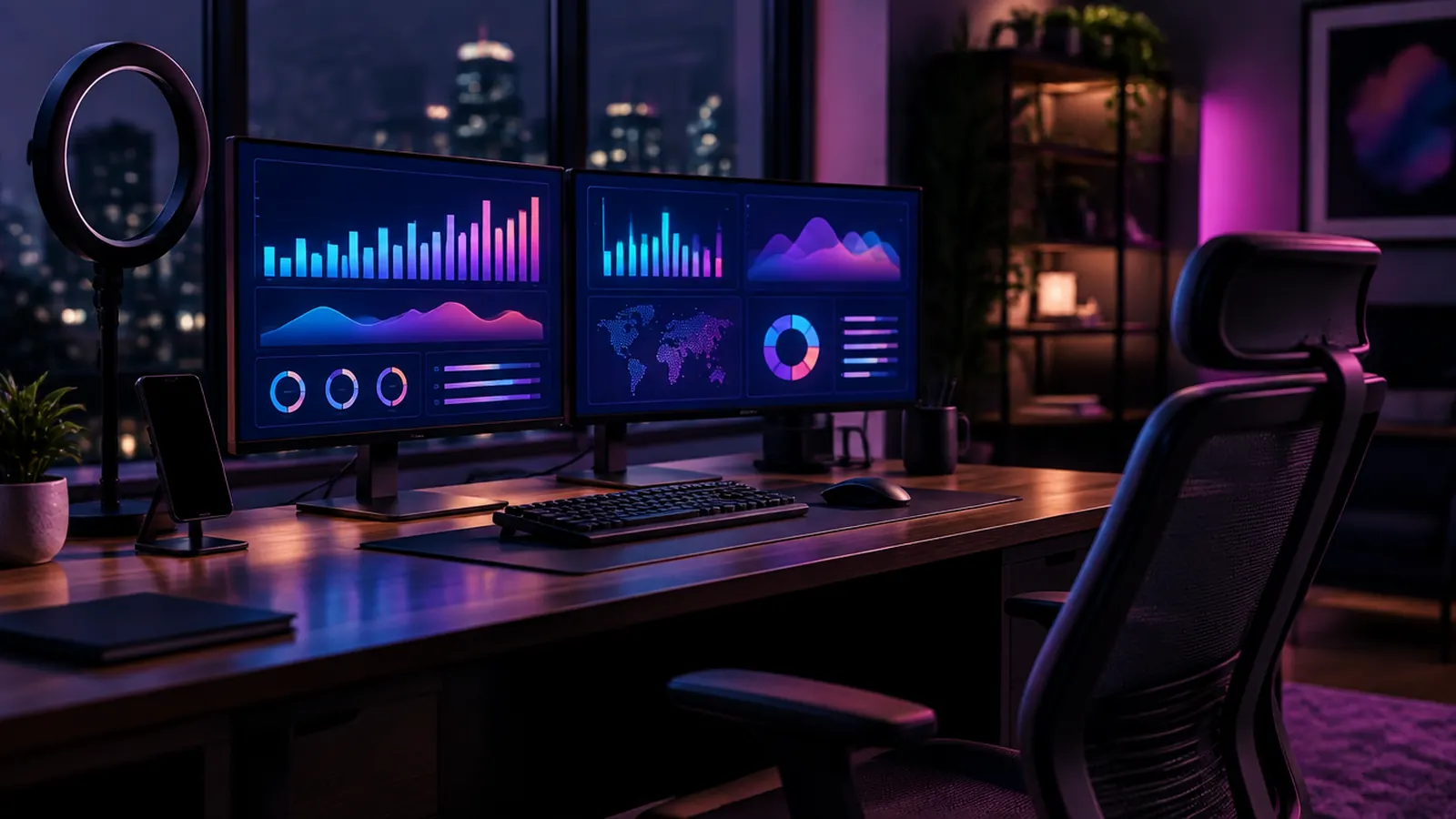 A modern creator studio desk at night with two monitors showing abstract dashboards and an empty office chair, lit in magenta and violet