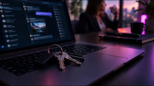 House keys resting on a laptop keyboard showing a companion chat site dashboard