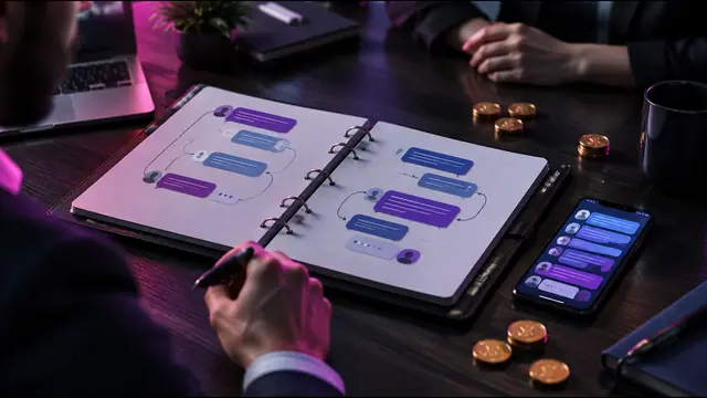 An open playbook binder with chat diagrams and coins, beside a smartphone chat