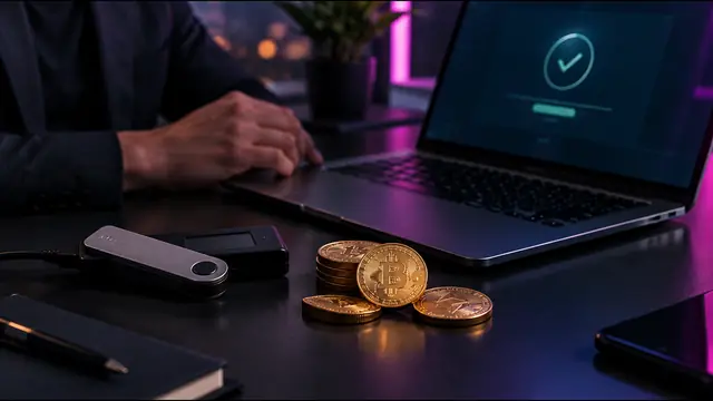 A hardware crypto wallet and gold coins beside a laptop showing a payment confirmation