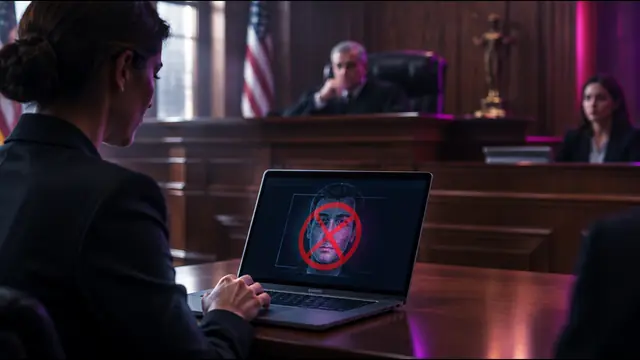 A courtroom judge's bench with a laptop showing a face scan crossed out in red