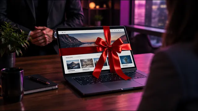 A finished website on a laptop wrapped in a red ribbon, ready to hand over