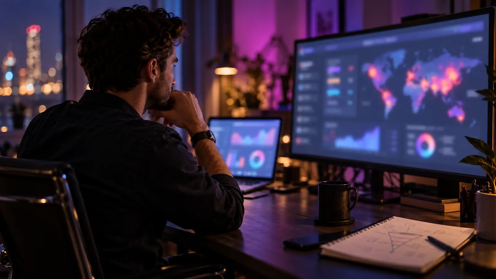 A media buyer at a home office desk at night studying a large monitor of blurred campaign dashboards with a world heat map, a laptop of conversion charts and a notebook with a sketched funnel
