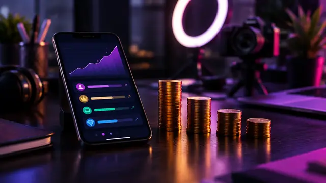 A creator's desk at night with a phone showing a fan subscription dashboard beside stacks of coins