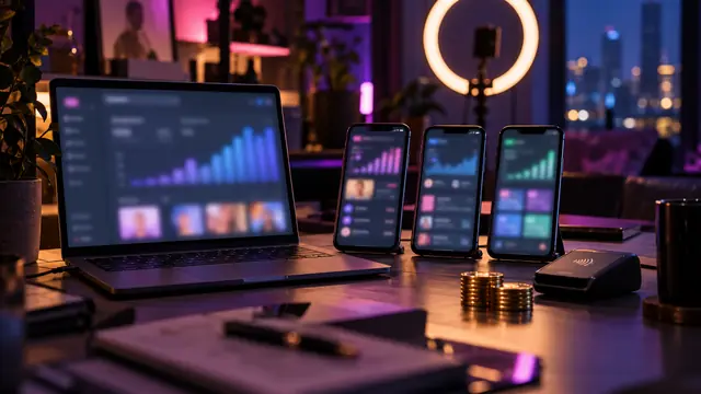 A creator's desk at night with a laptop and three phones showing blurred fan subscription dashboards, a ring light, gold coins and a card reader