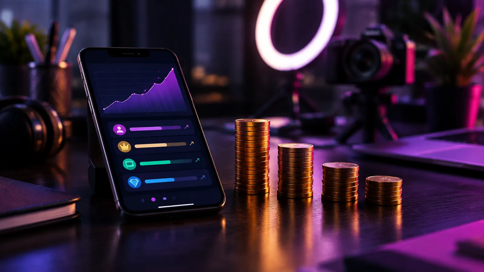A creator's desk at night with a phone showing a fan subscription dashboard beside stacks of coins