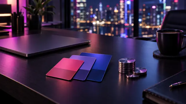 Fanned tiered price cards and a pile of metallic tokens on a dark desk under magenta and violet accent light