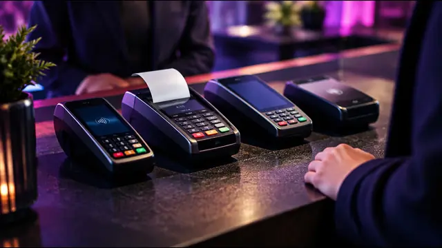 A row of payment card terminals on a counter with a fee receipt printing