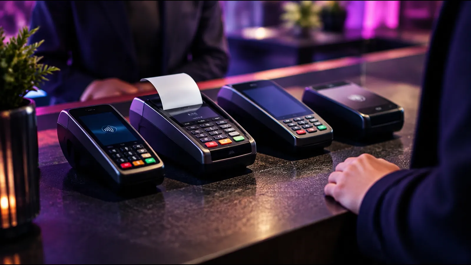 A row of payment card terminals on a counter with a fee receipt printing